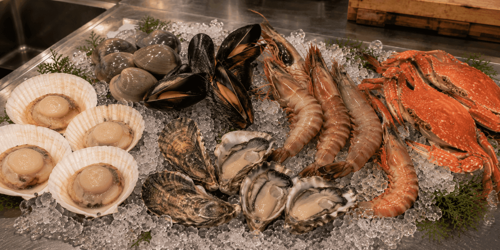 貝やエビなどの魚介料理の写真。